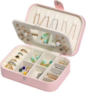 Travel Jewelry Case with Mirror, PU Leather Small Jewelry Organizer for Women Girls, Portable Mini Box, 2 Layer Storage Holder Boxes for Rings, Necklaces, Stud Earrings,Bracelets(Pink)