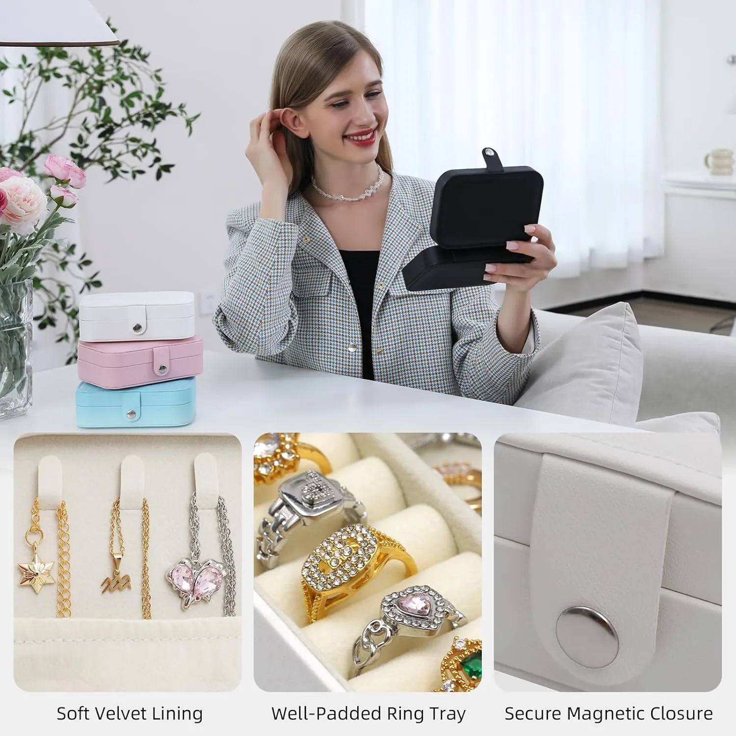 Travel Jewelry Case with Mirror, PU Leather Small Jewelry Organizer for Women Girls, Portable Mini Box, 2 Layer Storage Holder Boxes for Rings, Necklaces, Stud Earrings,Bracelets(Pink)