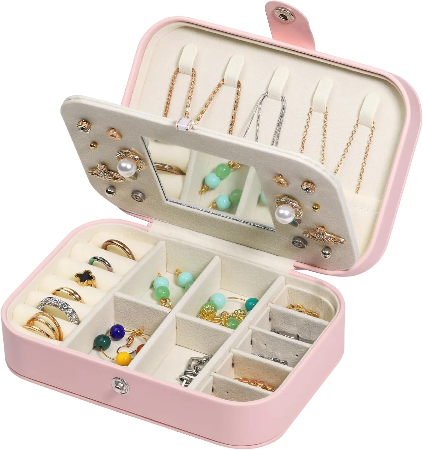 Travel Jewelry Case with Mirror, PU Leather Small Jewelry Organizer for Women Girls, Portable Mini Box, 2 Layer Storage Holder Boxes for Rings, Necklaces, Stud Earrings,Bracelets(Pink)