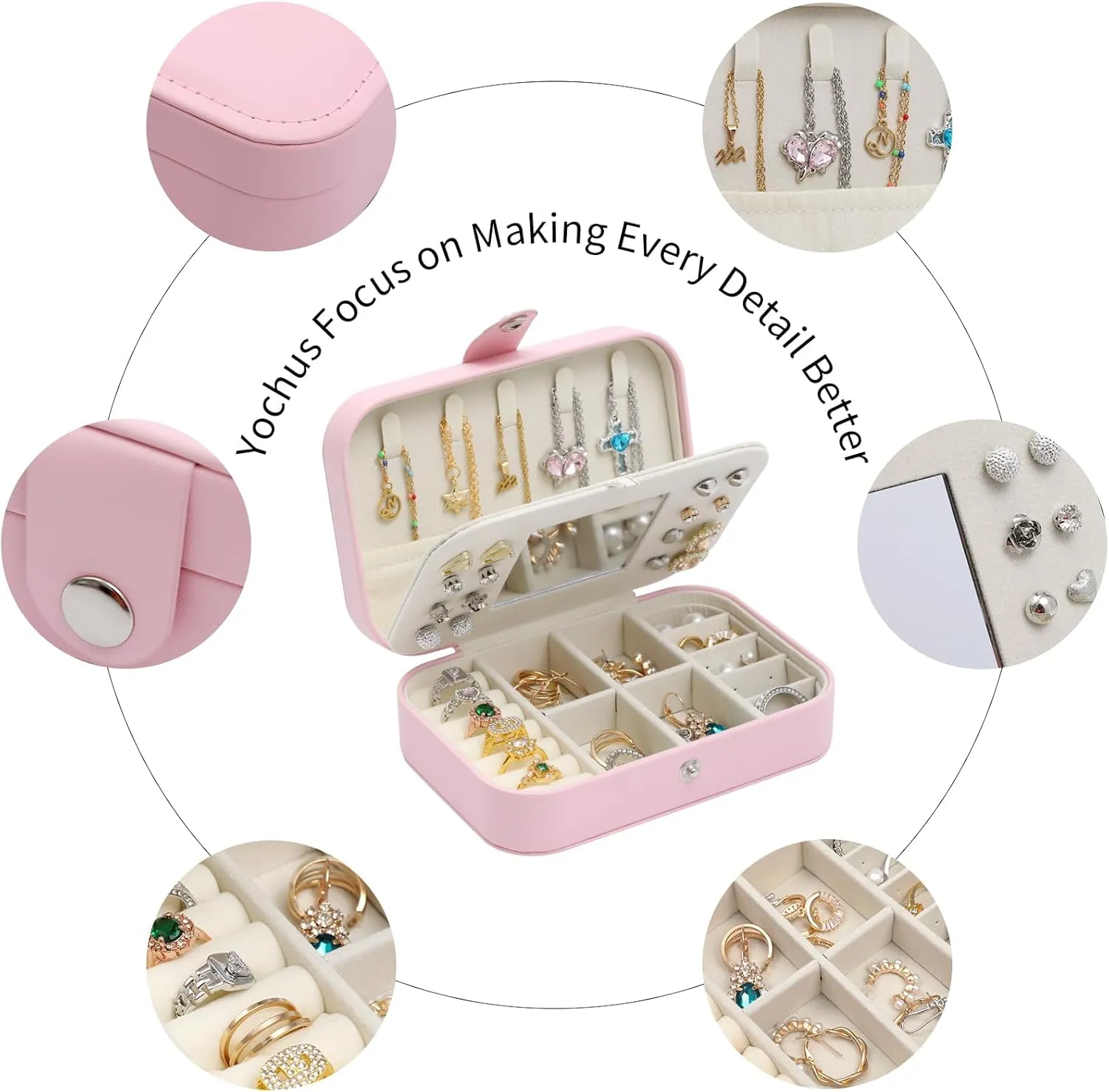 Travel Jewelry Case with Mirror, PU Leather Small Jewelry Organizer for Women Girls, Portable Mini Box, 2 Layer Storage Holder Boxes for Rings, Necklaces, Stud Earrings,Bracelets(Pink)