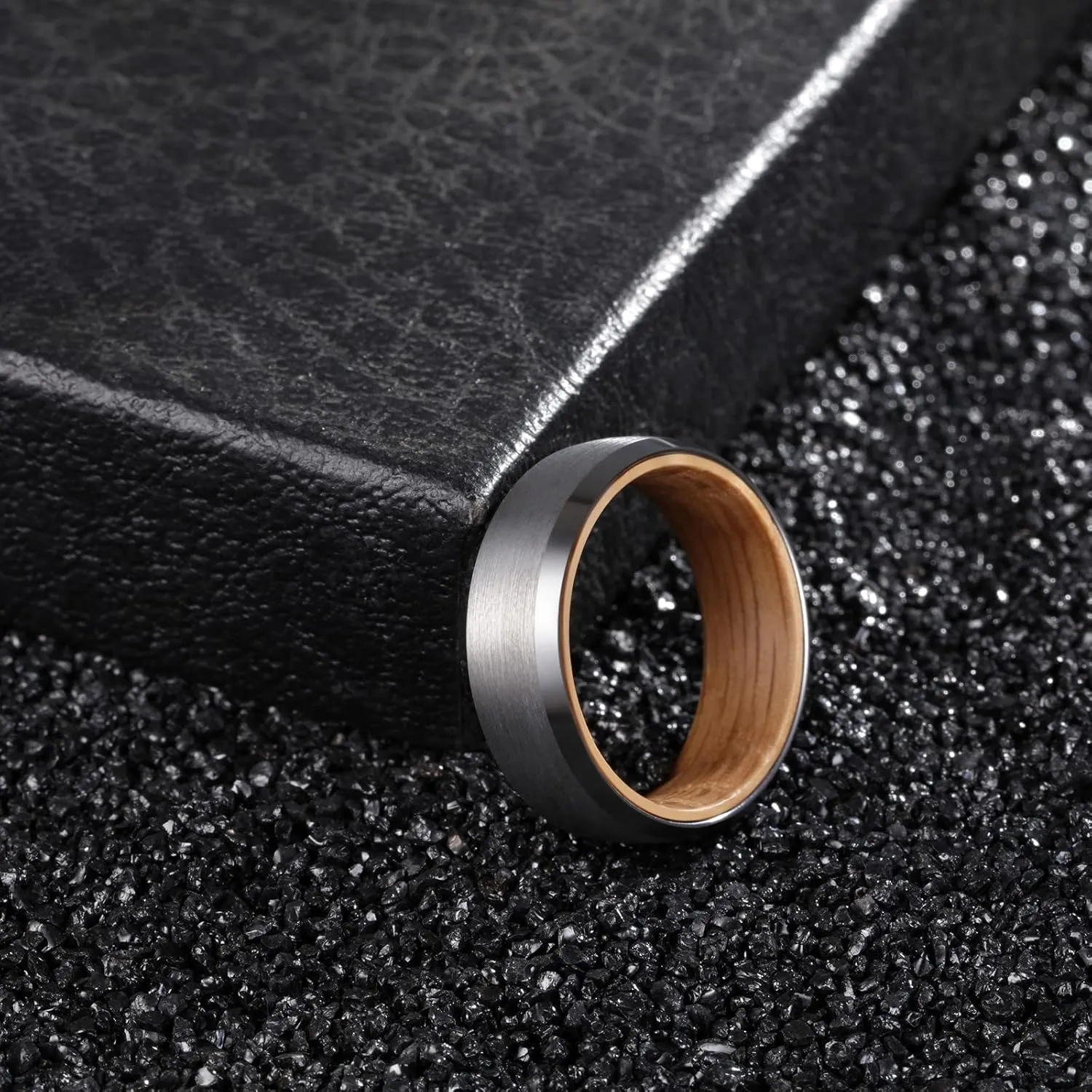 Tungsten Rings for Men Womens 8mm Black Silver Fashion Promise Wedding Band Carbide Inner Hole Inlaid Whiskey Barrel Wood Chamfer Frosted Matte Finish Edge Comfort Fit size 7-12