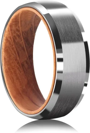 Tungsten Rings for Men Womens 8mm Black Silver Fashion Promise Wedding Band Carbide Inner Hole Inlaid Whiskey Barrel Wood Chamfer Frosted Matte Finish Edge Comfort Fit size 7-12