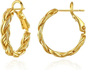 Twisted Gold and Silver Hoop Earrings for Women, 14K Gold Plated, Lightweight & Hypoallergenic, Vintage Round Hoop Jewelry for Sensitive Ears