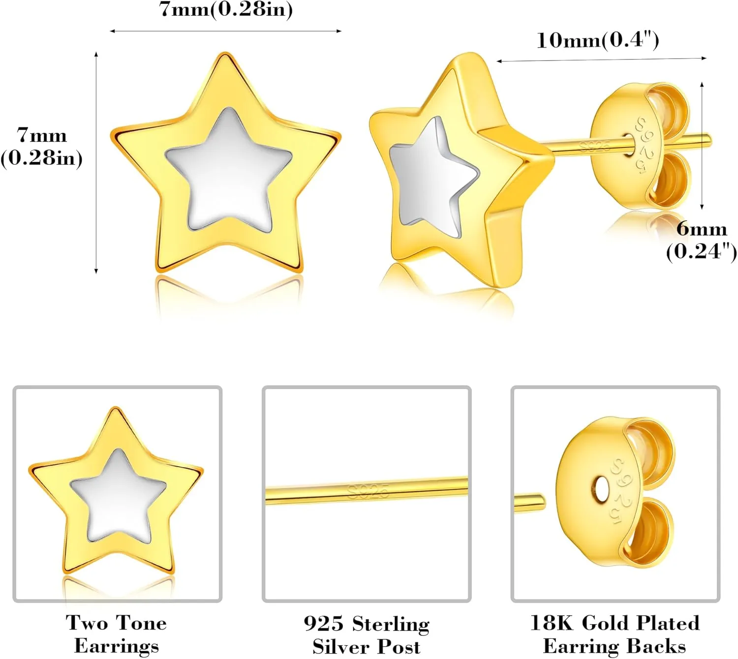 Two Tone Small Stud Earrings for Women 18K Gold Plated Hypoallergenic Cartilage Earrings