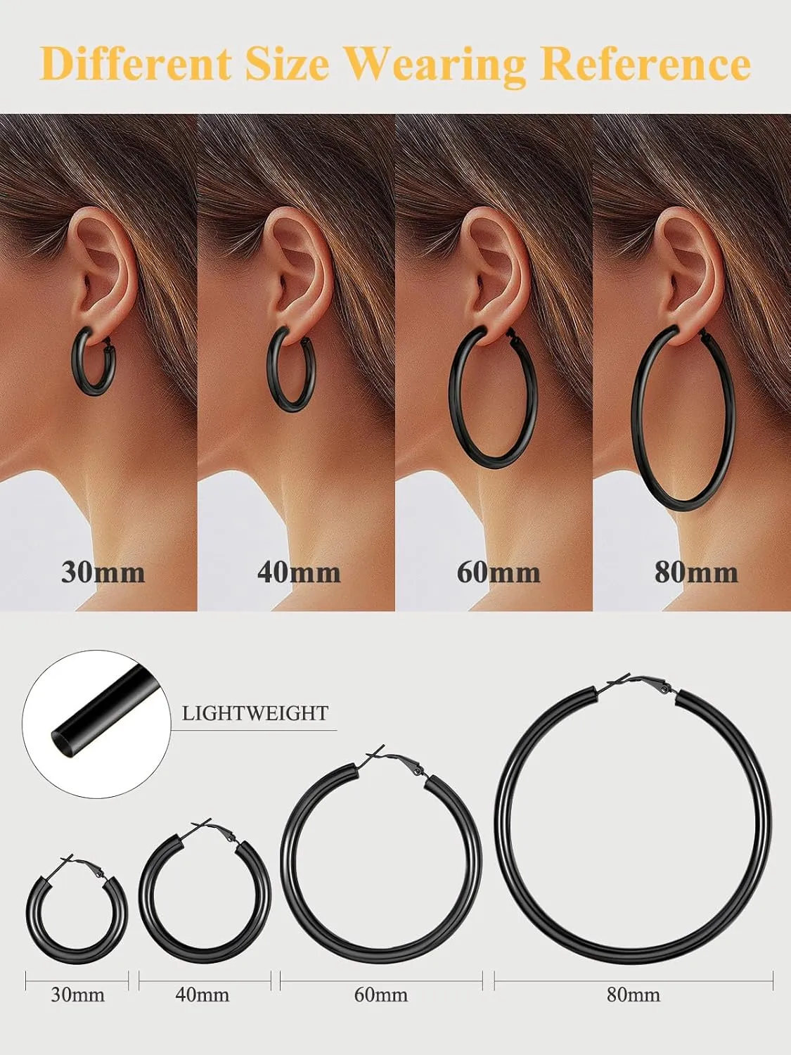 U7 Chunky Hoop Earrings for Women, 30/40/60/80mm Stainless Steel Hoops, Gold Hoop Earrings, Simple & Polished Thick Ear Jewelry,Black Hoop Earrings