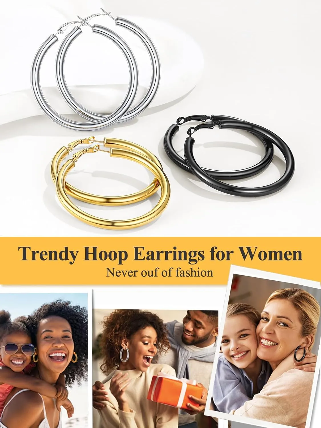 U7 Chunky Hoop Earrings for Women, 30/40/60/80mm Stainless Steel Hoops, Gold Hoop Earrings, Simple & Polished Thick Ear Jewelry,Black Hoop Earrings