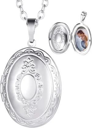 U7 Custom Photo Locket Necklace with 18 inch Chain - Oval & Heart Shaped Locket - Personalized Image Necklaces for Women & Girls