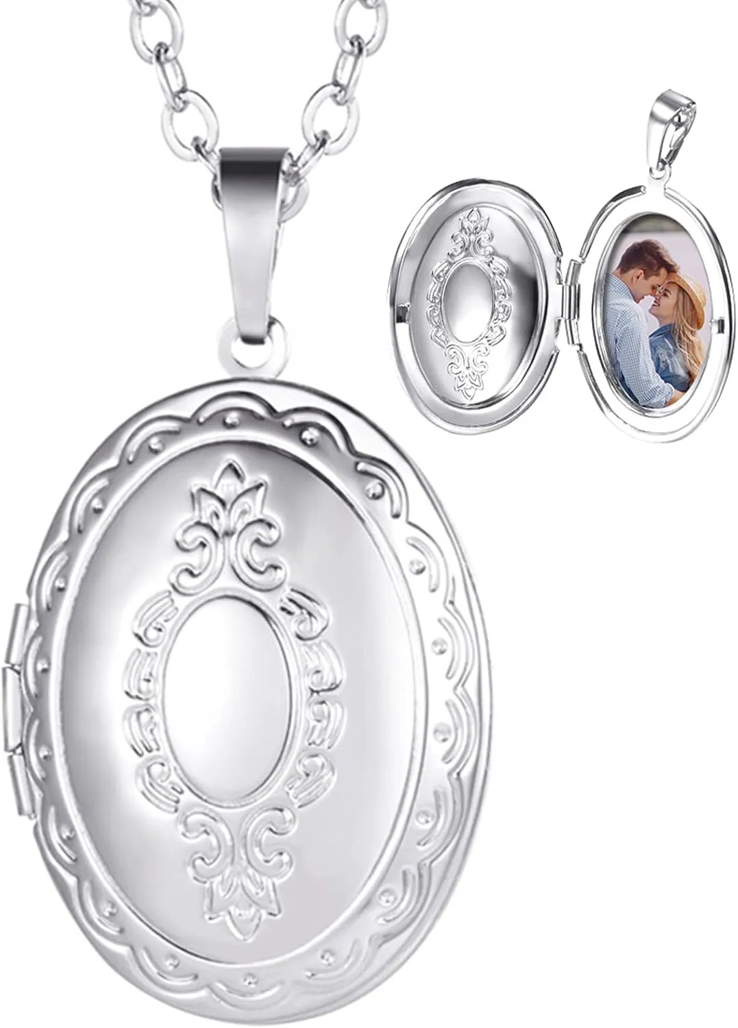 U7 Custom Photo Locket Necklace with 18 inch Chain - Oval & Heart Shaped Locket - Personalized Image Necklaces for Women & Girls