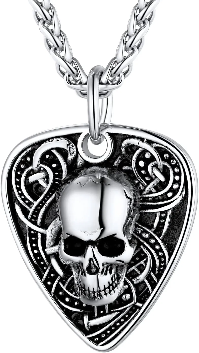 U7 Men Punk Rock Necklaces, Cool Guitar Pick Skull, Alligator Dinosaur Skeleton Tyrannosaurus Rex Pendant with Chain, Stainless Steel Personalized Jewelry Gift