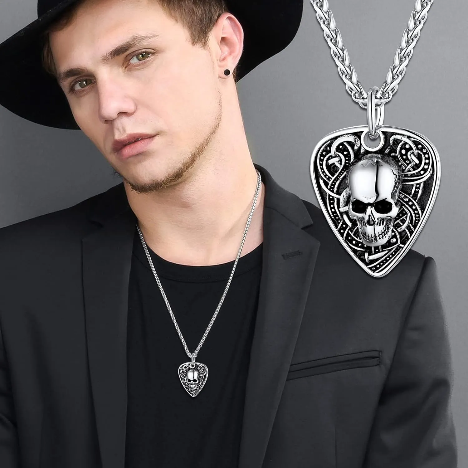 U7 Men Punk Rock Necklaces, Cool Guitar Pick Skull, Alligator Dinosaur Skeleton Tyrannosaurus Rex Pendant with Chain, Stainless Steel Personalized Jewelry Gift