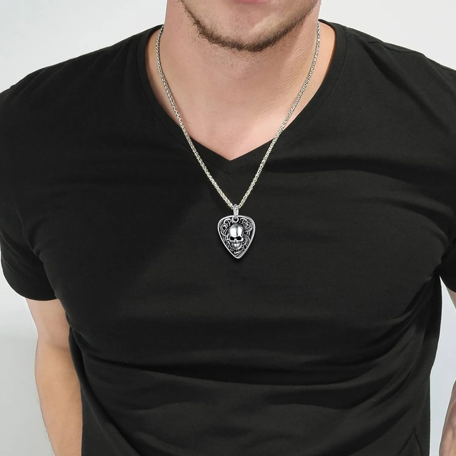 U7 Men Punk Rock Necklaces, Cool Guitar Pick Skull, Alligator Dinosaur Skeleton Tyrannosaurus Rex Pendant with Chain, Stainless Steel Personalized Jewelry Gift