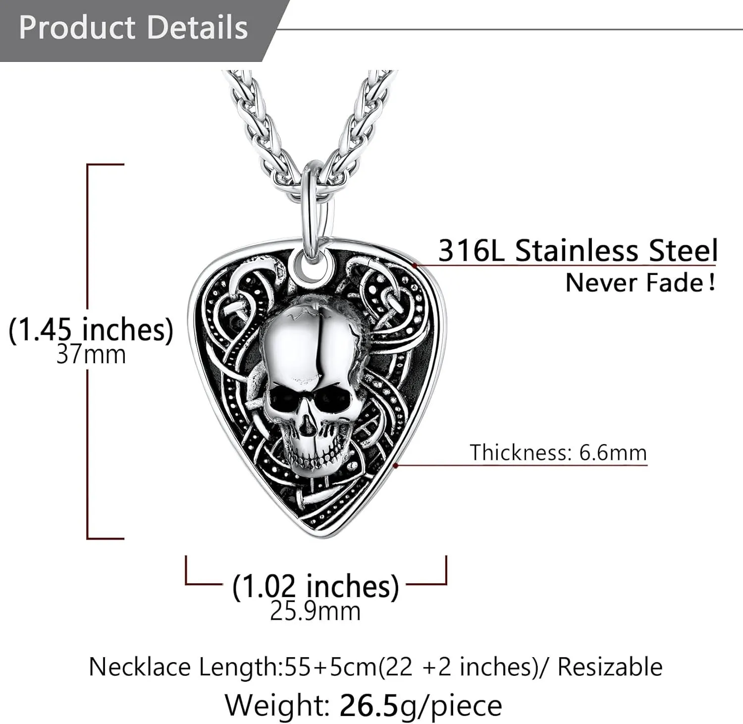 U7 Men Punk Rock Necklaces, Cool Guitar Pick Skull, Alligator Dinosaur Skeleton Tyrannosaurus Rex Pendant with Chain, Stainless Steel Personalized Jewelry Gift