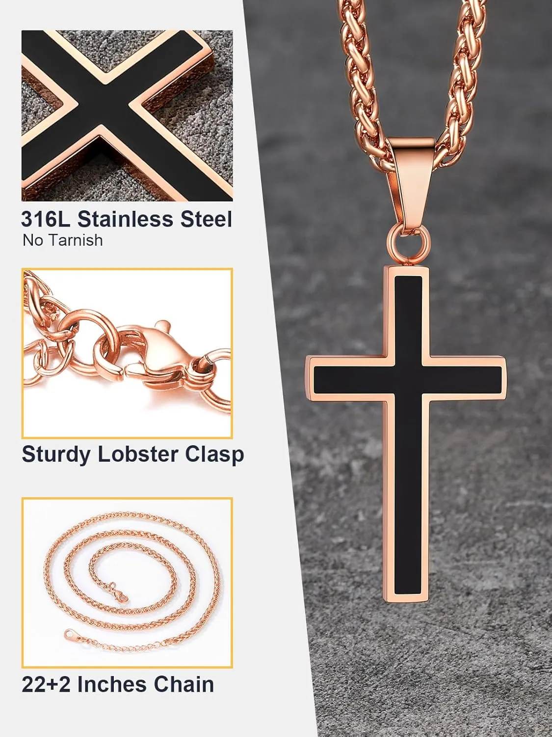 U7 Simple Cross Necklace for Men Women, Stainless Steel Silver Black Gold Latin Cross Pendant Necklaces, Custom Engravable, Length 22-24 Inches