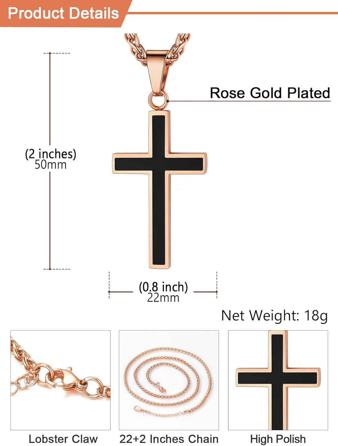 U7 Simple Cross Necklace for Men Women, Stainless Steel Silver Black Gold Latin Cross Pendant Necklaces, Custom Engravable, Length 22-24 Inches
