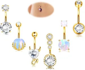 UBGICIG 14G Belly Button Ring for Women - Silver/Gold 316L Surgical Steel Belly Button Rings CZ 10mm Clicker Opal Heart Dangling Belly Rings Dainty Body Piercing Jewelry