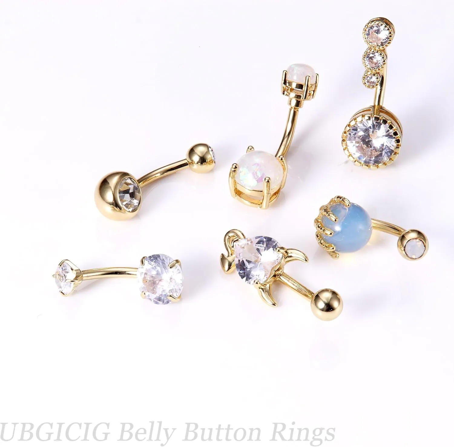 UBGICIG 14G Belly Button Ring for Women - Silver/Gold 316L Surgical Steel Belly Button Rings CZ 10mm Clicker Opal Heart Dangling Belly Rings Dainty Body Piercing Jewelry