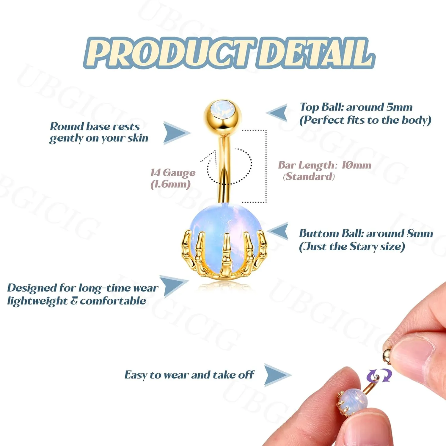 UBGICIG 14G Belly Button Ring for Women - Silver/Gold 316L Surgical Steel Belly Button Rings CZ 10mm Clicker Opal Heart Dangling Belly Rings Dainty Body Piercing Jewelry