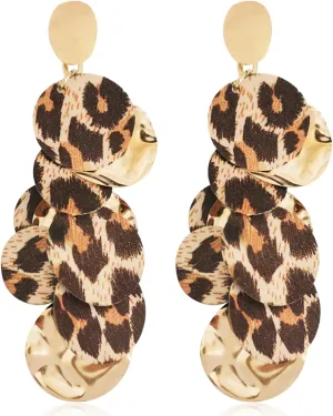 Unique Handmade Bohemian Round Leopard Acrylic Dangle Drop Earrings Statement Vintage 60s 70s Long Chain Resin Disk Stud Earrings for Women Boho Lightweight Summer Beach Jewelry