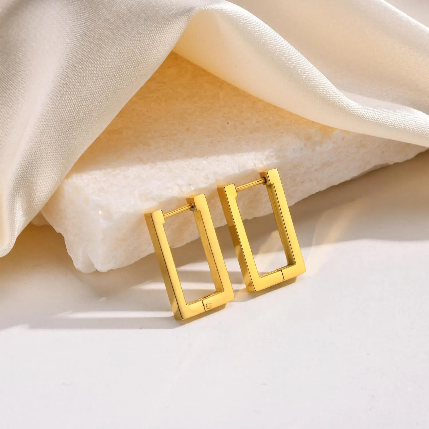 Valentino 14K Gold Plated Dainty Paperclip Link Chain Double Hoop Summer Square Hanging Drop Dangle Earrings