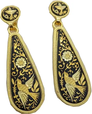 Vintage Damascene Spanish long drop earrings Spain 24K Gold & Steel -Birds, Black/Gold