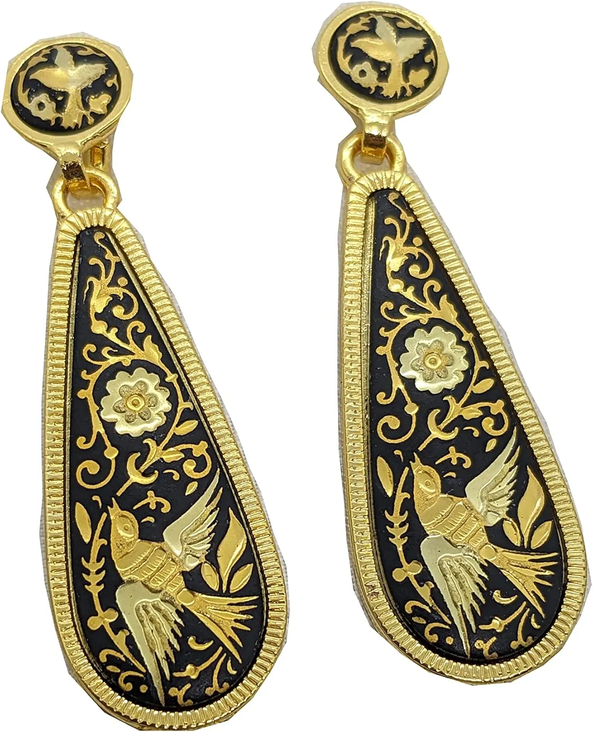 Vintage Damascene Spanish long drop earrings Spain 24K Gold & Steel -Birds, Black/Gold