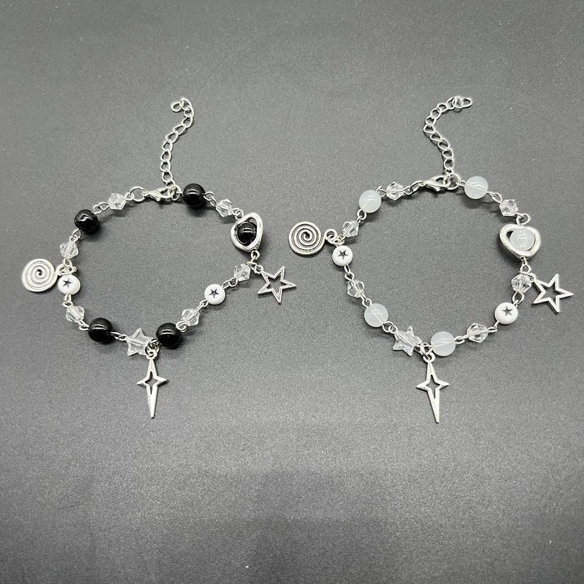 Vintage Punk Y2k Star Pearl Double Layer Beaded Chain Lightweight Bracelet Aesthetic Accessories Grunge Cool Couple Friendship Jewelry for Women
