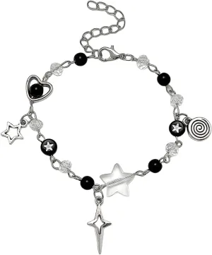 Vintage Punk Y2k Star Pearl Double Layer Beaded Chain Lightweight Bracelet Aesthetic Accessories Grunge Cool Couple Friendship Jewelry for Women