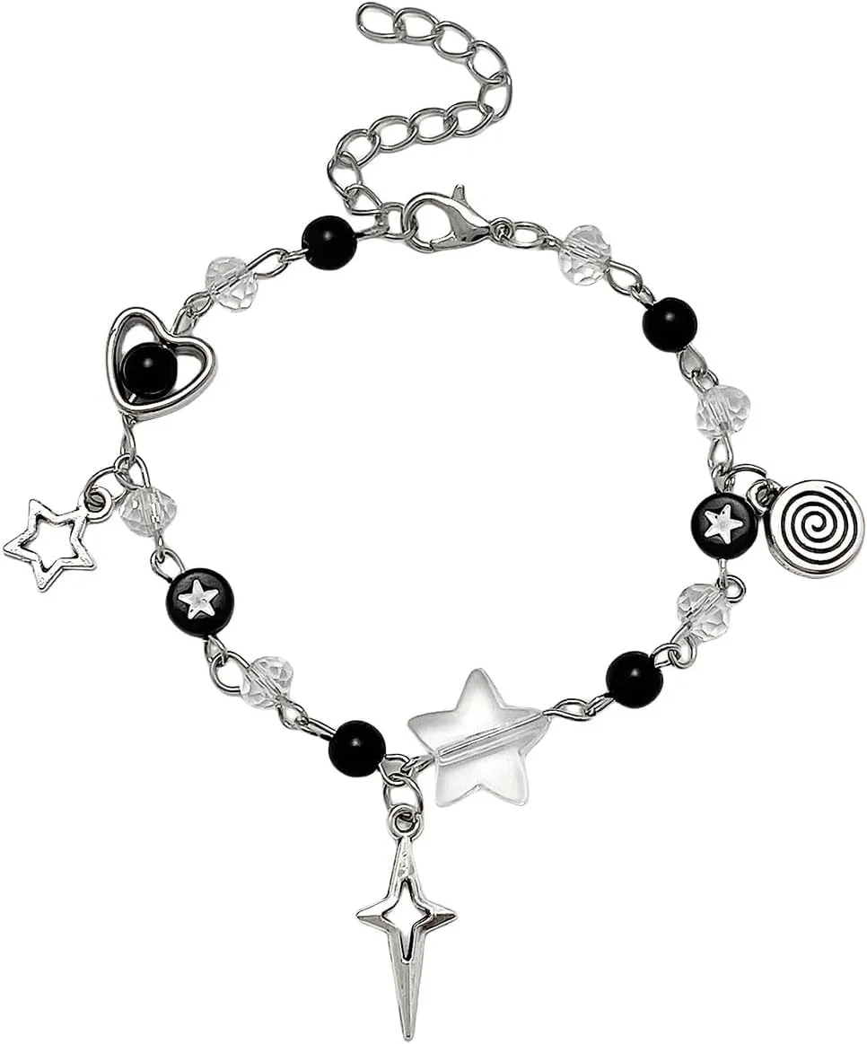 Vintage Punk Y2k Star Pearl Double Layer Beaded Chain Lightweight Bracelet Aesthetic Accessories Grunge Cool Couple Friendship Jewelry for Women