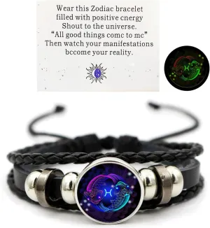 Vintage Zodiac Constellation Bracelets Zodiac Guardian Bracelet Black Leather Bracelet Adjustable Handmade Woven Bracelet Birthday Jewelry for Women
