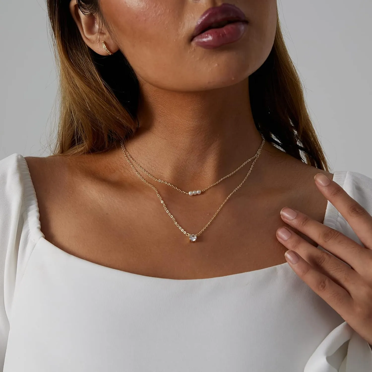 VIROMY Dainty Gold Necklace for Women 14K Gold Plated Layered Satellite Necklaces Trible Layering Paper Clip Chain Link Necklace Everyday Jewelry