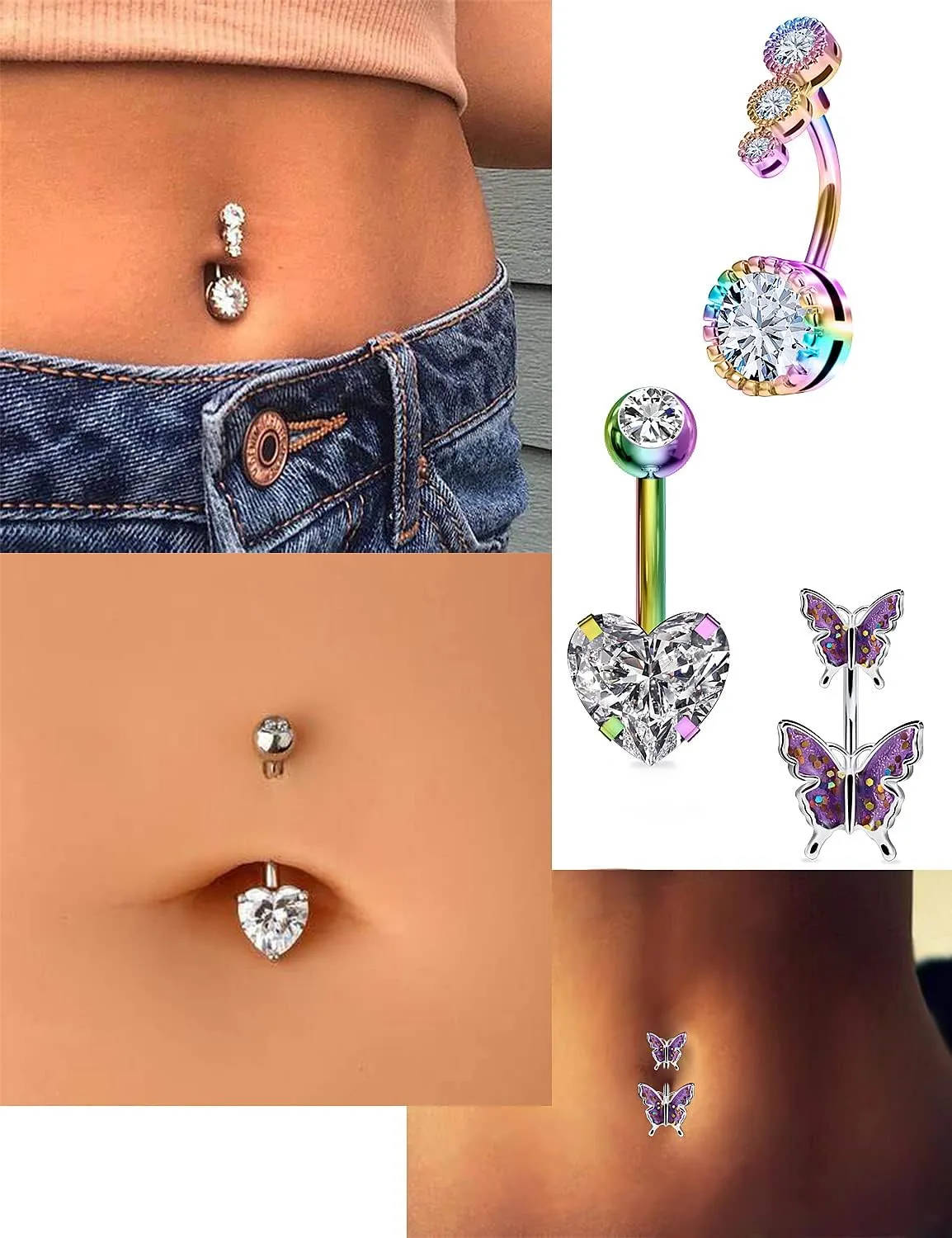 Vsnnsns 14G Belly Button Ring Piercing Jewelry 316L Stainless Surgical Steel Heart CZ Opal Butterfly Navel Rings Reverse Belly Button Ring Navel Piercing Jewelry for Women Men Hypoallergenic