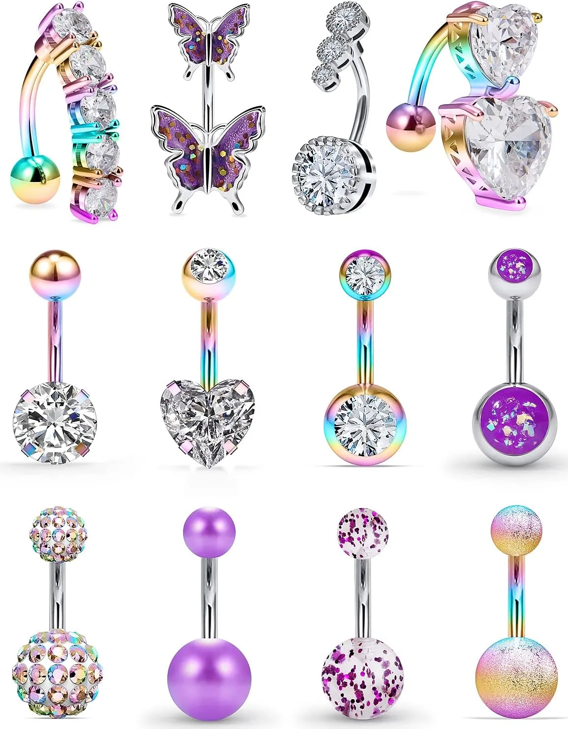 Vsnnsns 14G Belly Button Ring Piercing Jewelry 316L Stainless Surgical Steel Heart CZ Opal Butterfly Navel Rings Reverse Belly Button Ring Navel Piercing Jewelry for Women Men Hypoallergenic