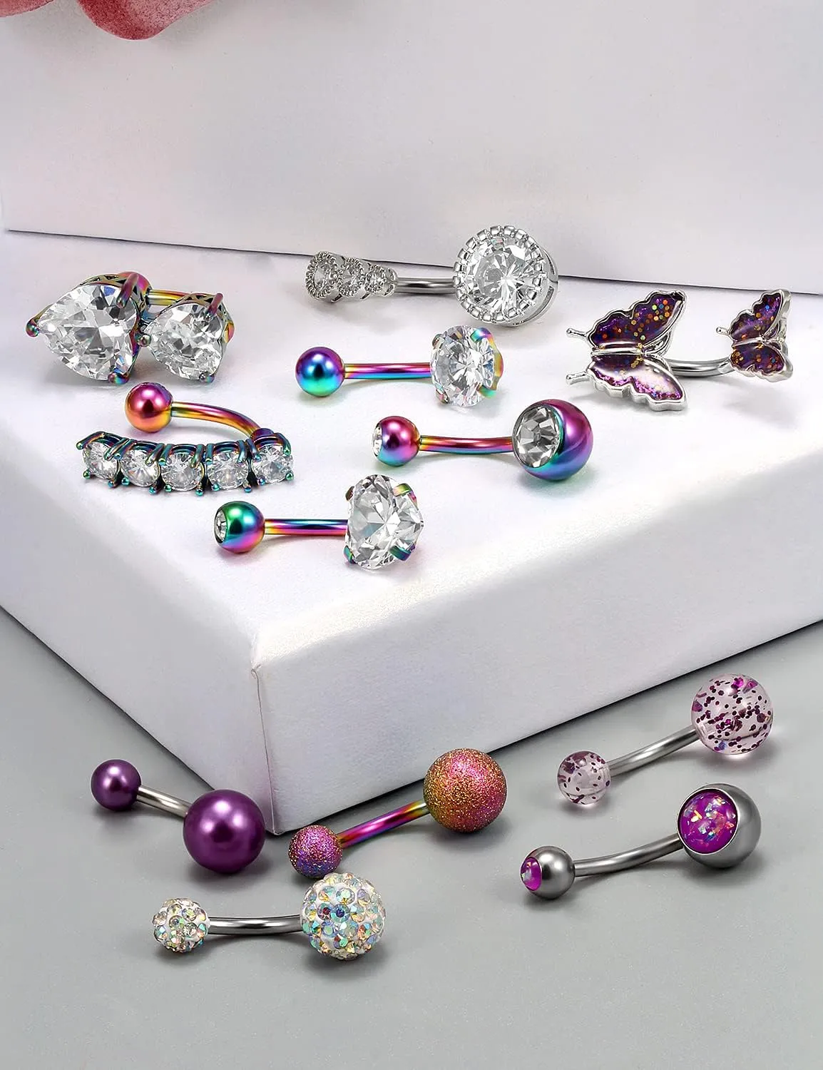 Vsnnsns 14G Belly Button Ring Piercing Jewelry 316L Stainless Surgical Steel Heart CZ Opal Butterfly Navel Rings Reverse Belly Button Ring Navel Piercing Jewelry for Women Men Hypoallergenic