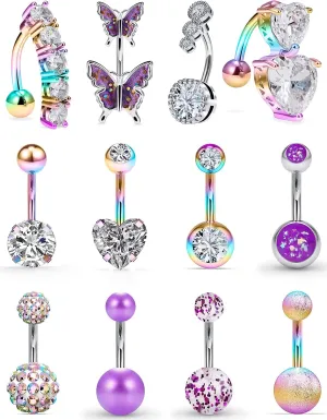 Vsnnsns 14G Belly Button Ring Piercing Jewelry 316L Stainless Surgical Steel Heart CZ Opal Butterfly Navel Rings Reverse Belly Button Ring Navel Piercing Jewelry for Women Men Hypoallergenic