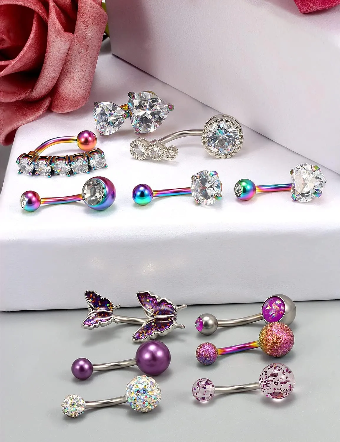 Vsnnsns 14G Belly Button Ring Piercing Jewelry 316L Stainless Surgical Steel Heart CZ Opal Butterfly Navel Rings Reverse Belly Button Ring Navel Piercing Jewelry for Women Men Hypoallergenic