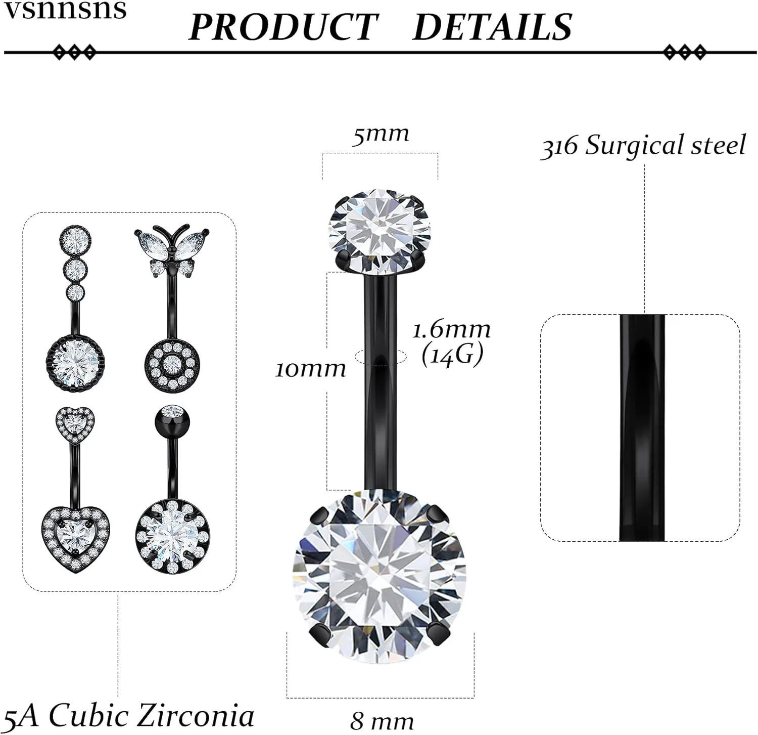 Vsnnsns 14G Belly Button Ring Piercing Jewelry 316L Stainless Surgical Steel Heart CZ Opal Butterfly Navel Rings Reverse Belly Button Ring Navel Piercing Jewelry for Women Men Hypoallergenic