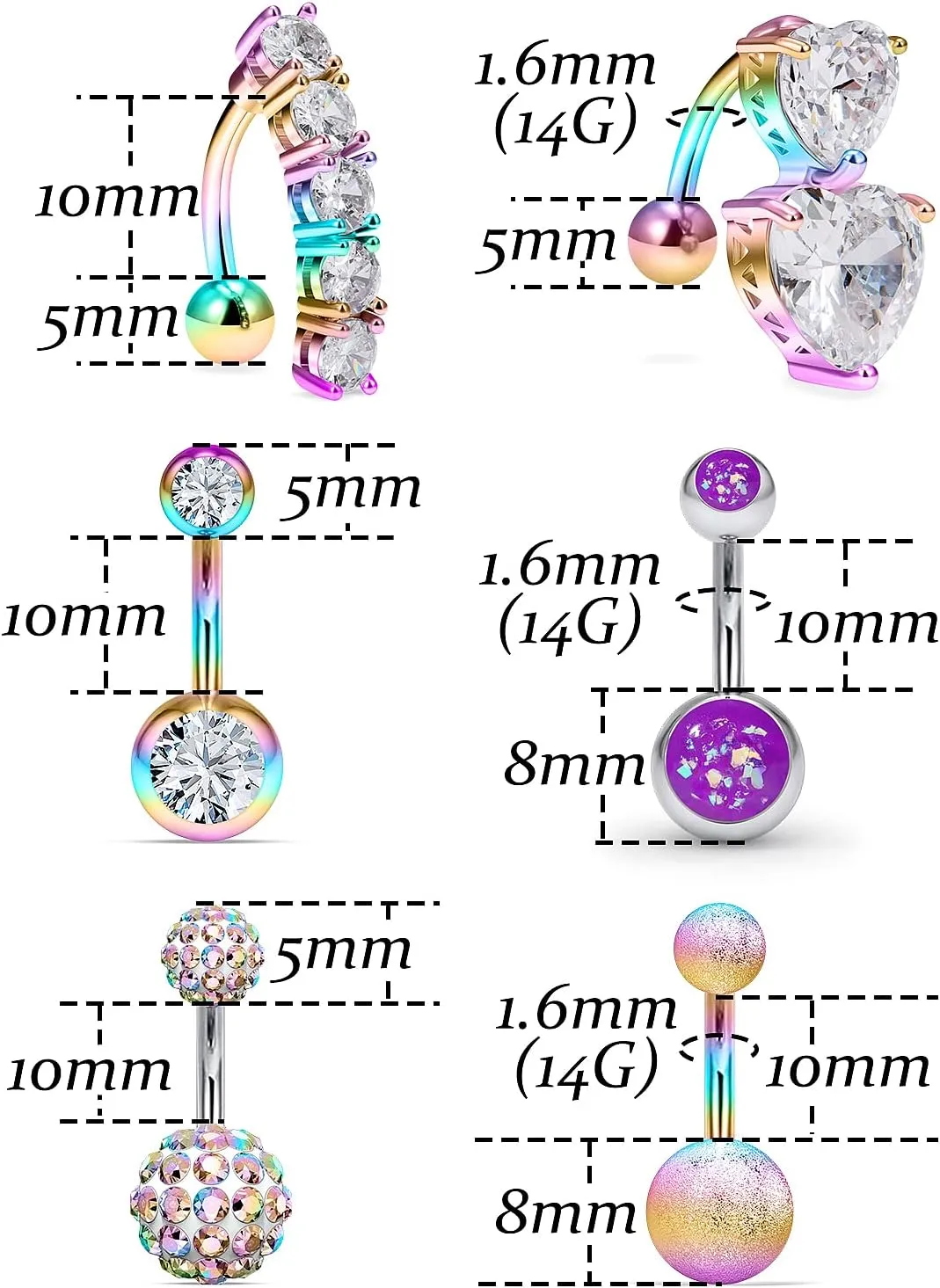 Vsnnsns 14G Belly Button Ring Piercing Jewelry 316L Stainless Surgical Steel Heart CZ Opal Butterfly Navel Rings Reverse Belly Button Ring Navel Piercing Jewelry for Women Men Hypoallergenic