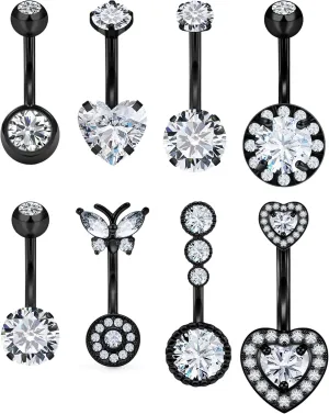 Vsnnsns 14G Belly Button Ring Piercing Jewelry 316L Stainless Surgical Steel Heart CZ Opal Butterfly Navel Rings Reverse Belly Button Ring Navel Piercing Jewelry for Women Men Hypoallergenic