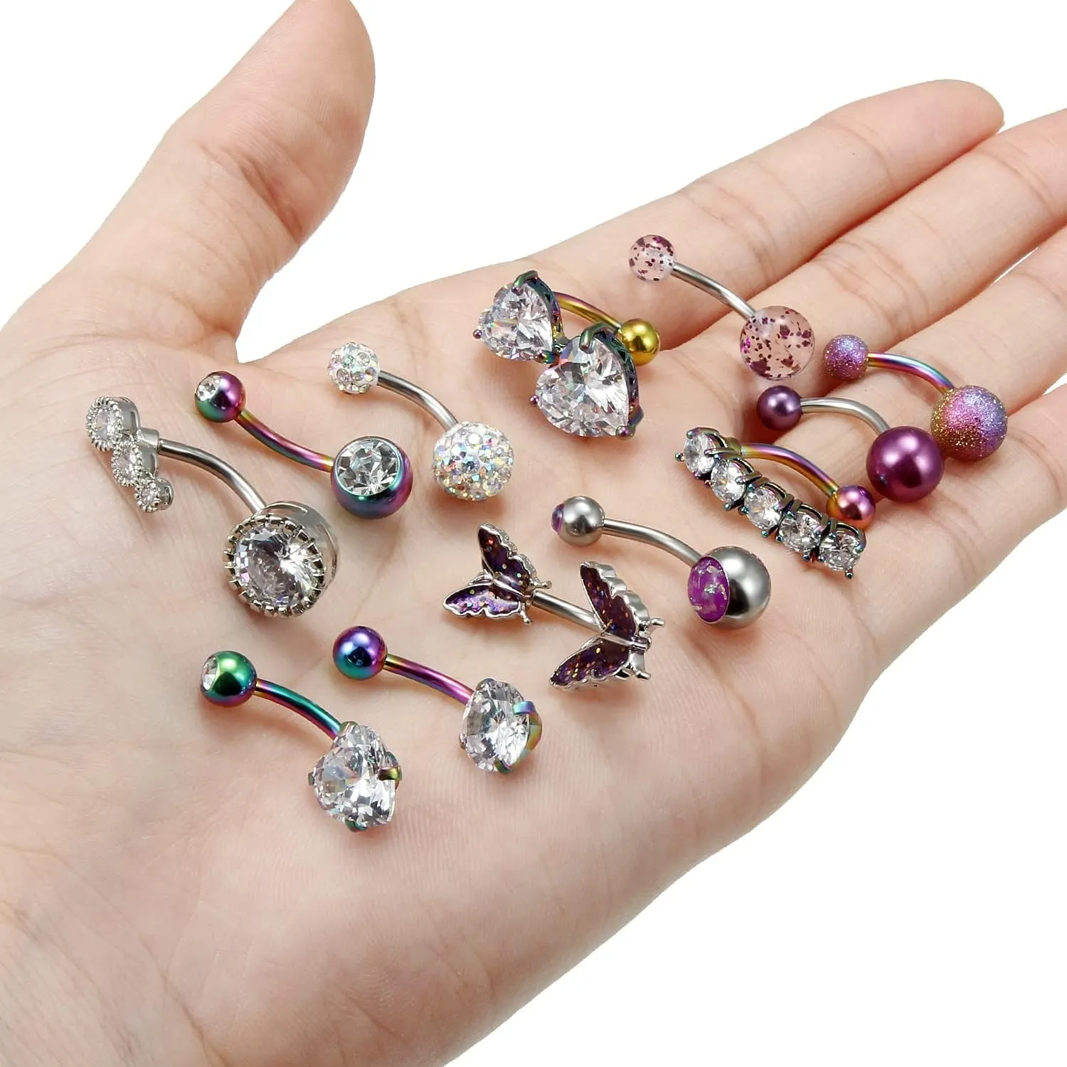 Vsnnsns 14G Belly Button Ring Piercing Jewelry 316L Stainless Surgical Steel Heart CZ Opal Butterfly Navel Rings Reverse Belly Button Ring Navel Piercing Jewelry for Women Men Hypoallergenic