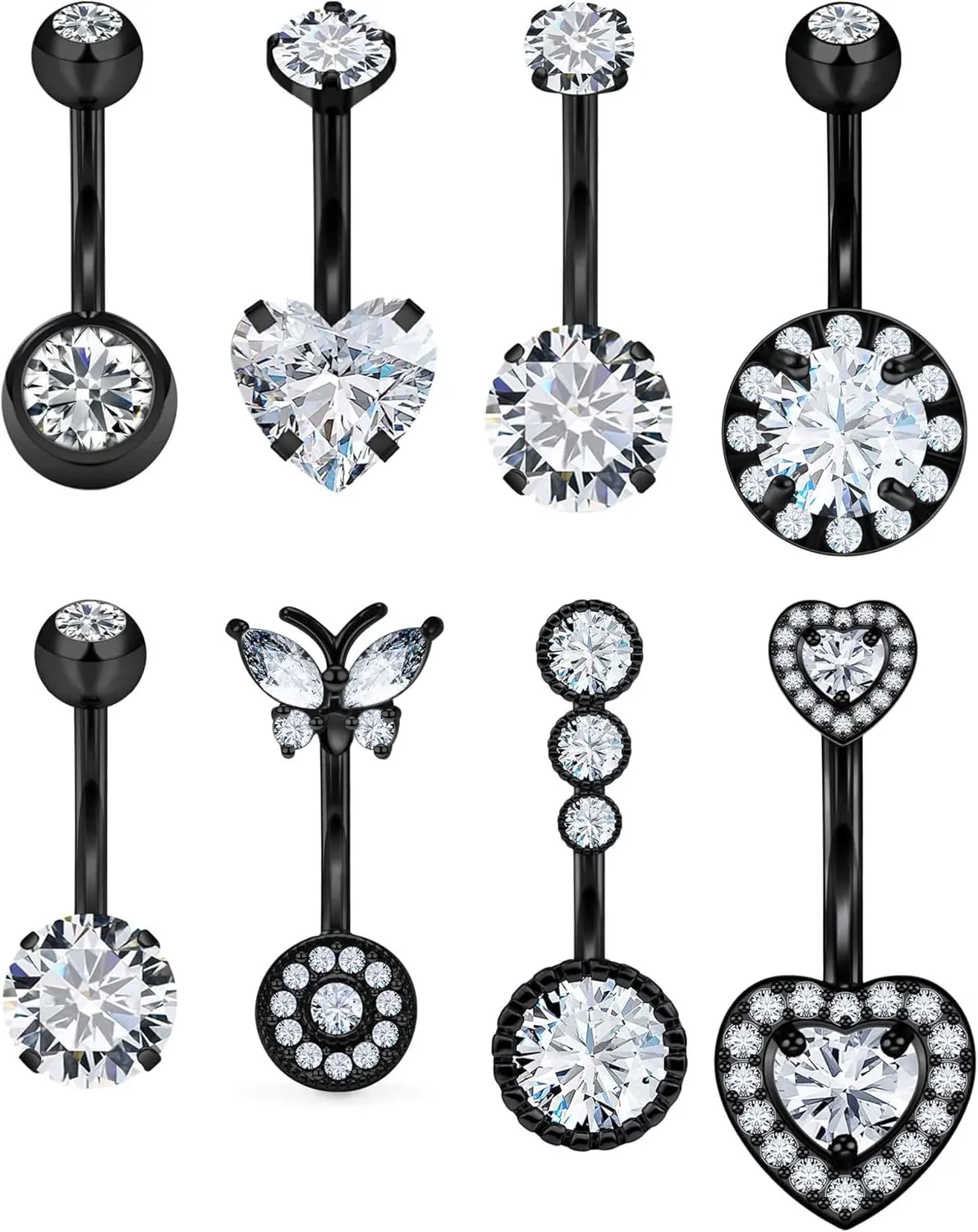 Vsnnsns 14G Belly Button Ring Piercing Jewelry 316L Stainless Surgical Steel Heart CZ Opal Butterfly Navel Rings Reverse Belly Button Ring Navel Piercing Jewelry for Women Men Hypoallergenic