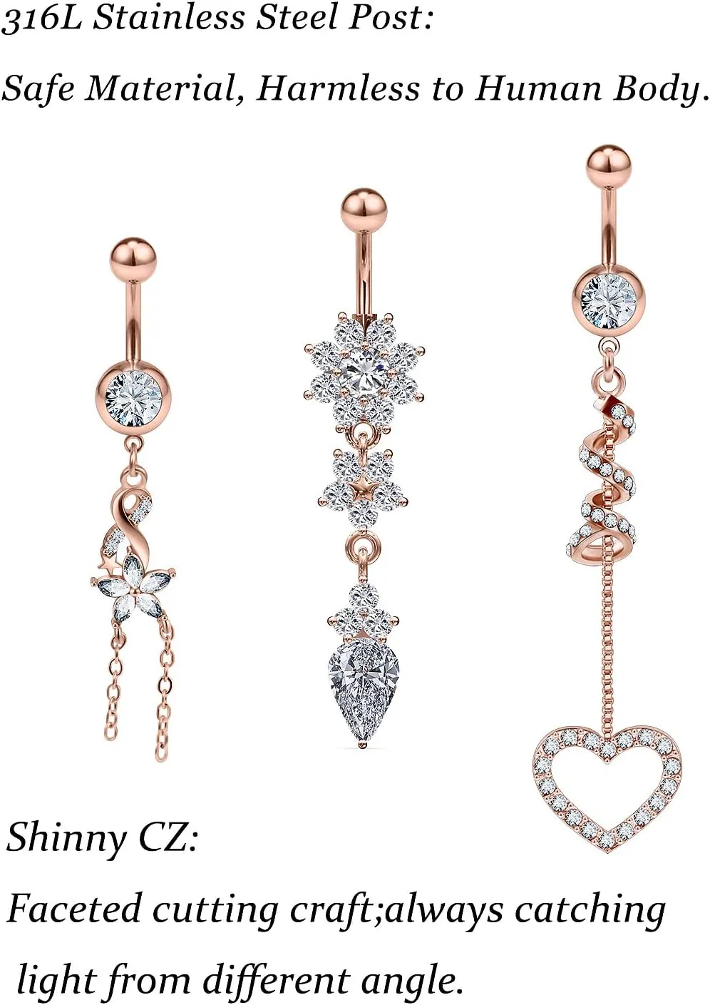 Vsnnsns 14G Dangle Belly Button Ring Piercing Jewelry 316L Stainless Surgical Steel Navel Rings Cubic Zirconia Heart Flower CZ Dangling Belly Button Ring Piercing Jewelry for Women Hypoallergenic