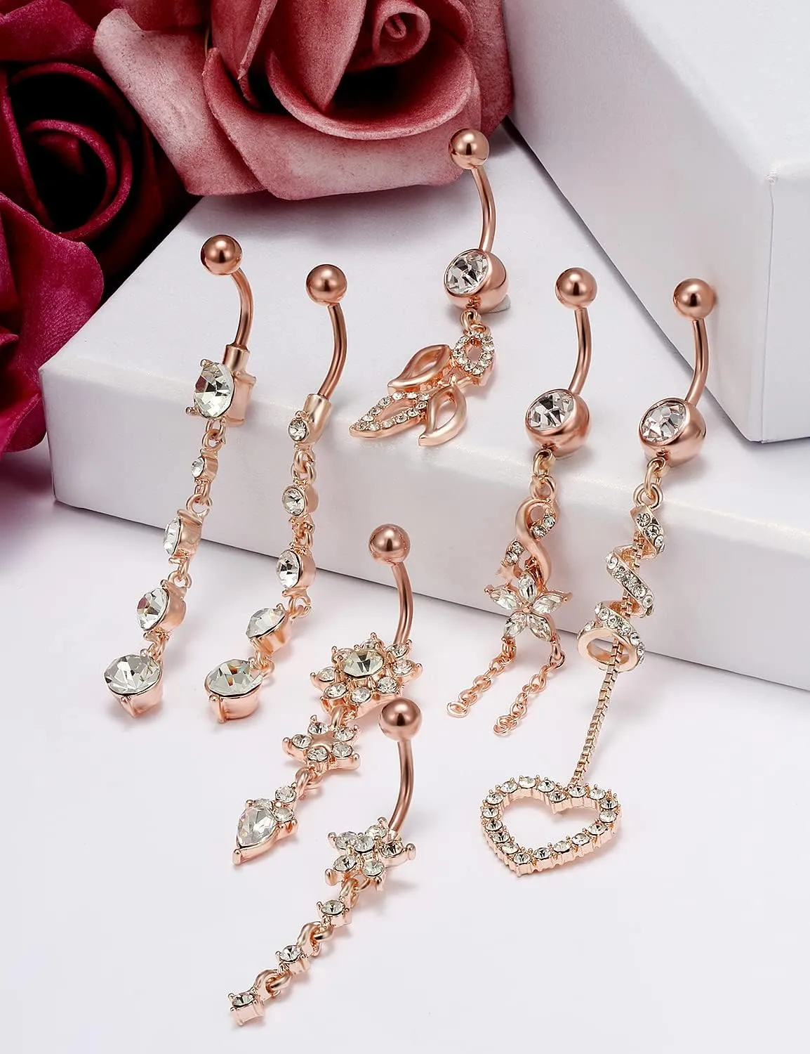 Vsnnsns 14G Dangle Belly Button Ring Piercing Jewelry 316L Stainless Surgical Steel Navel Rings Cubic Zirconia Heart Flower CZ Dangling Belly Button Ring Piercing Jewelry for Women Hypoallergenic