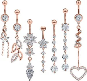 Vsnnsns 14G Dangle Belly Button Ring Piercing Jewelry 316L Stainless Surgical Steel Navel Rings Cubic Zirconia Heart Flower CZ Dangling Belly Button Ring Piercing Jewelry for Women Hypoallergenic