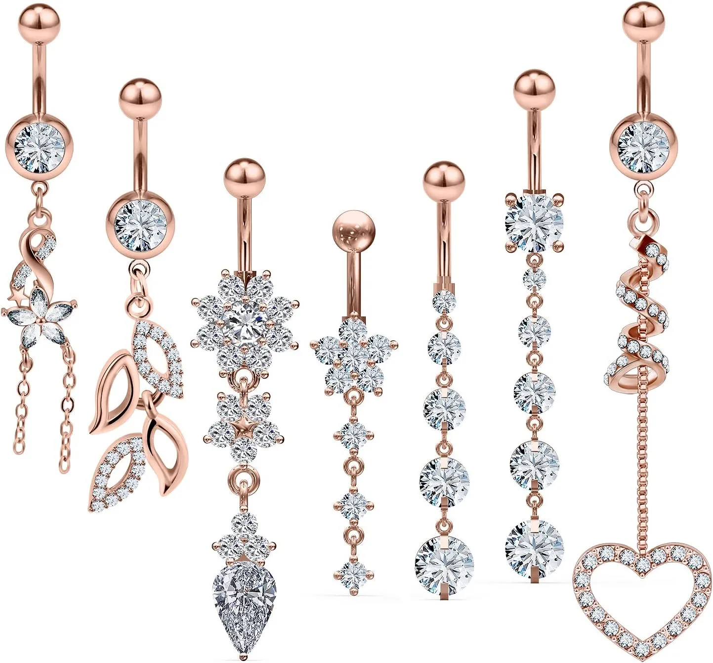 Vsnnsns 14G Dangle Belly Button Ring Piercing Jewelry 316L Stainless Surgical Steel Navel Rings Cubic Zirconia Heart Flower CZ Dangling Belly Button Ring Piercing Jewelry for Women Hypoallergenic