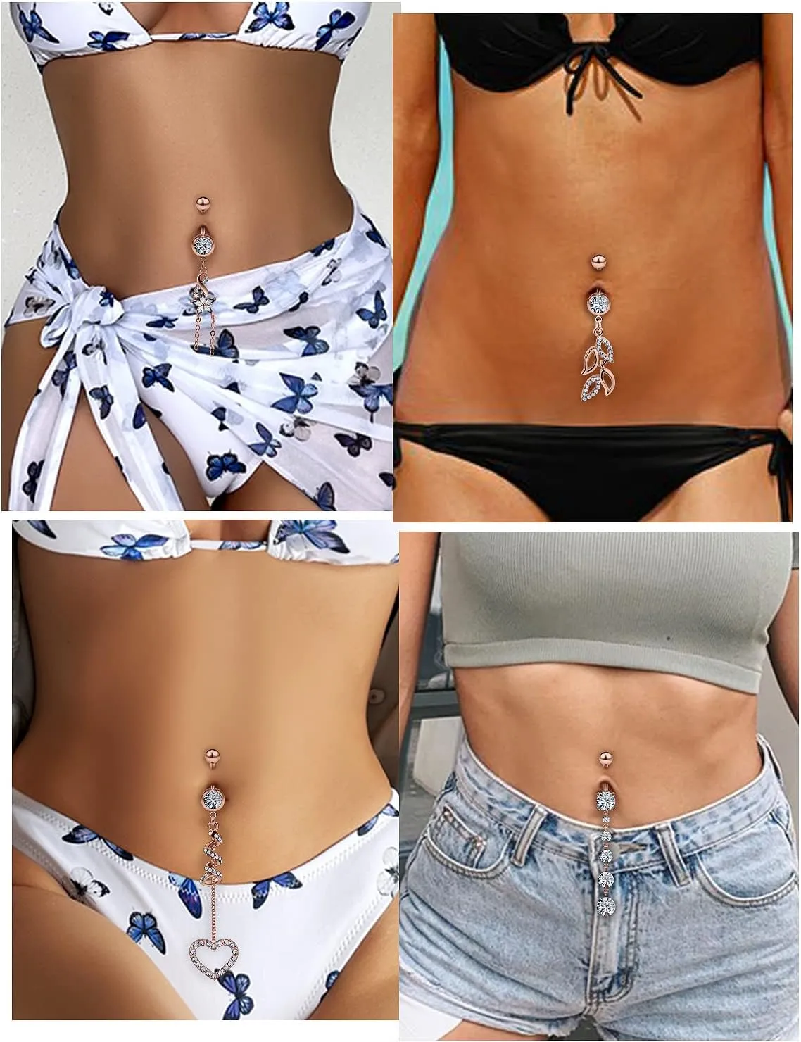 Vsnnsns 14G Dangle Belly Button Ring Piercing Jewelry 316L Stainless Surgical Steel Navel Rings Cubic Zirconia Heart Flower CZ Dangling Belly Button Ring Piercing Jewelry for Women Hypoallergenic