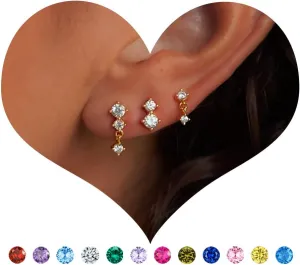 WAINIS 3 Pairs Birthstone Stud Earrings Set for Women 14k Gold Plated Hypoallergenic Three Hole Cartilage Earring Set For Multiple Piercing Earrings Non Tarnish Birthstone Dangle Earrings Birthday Jewelry