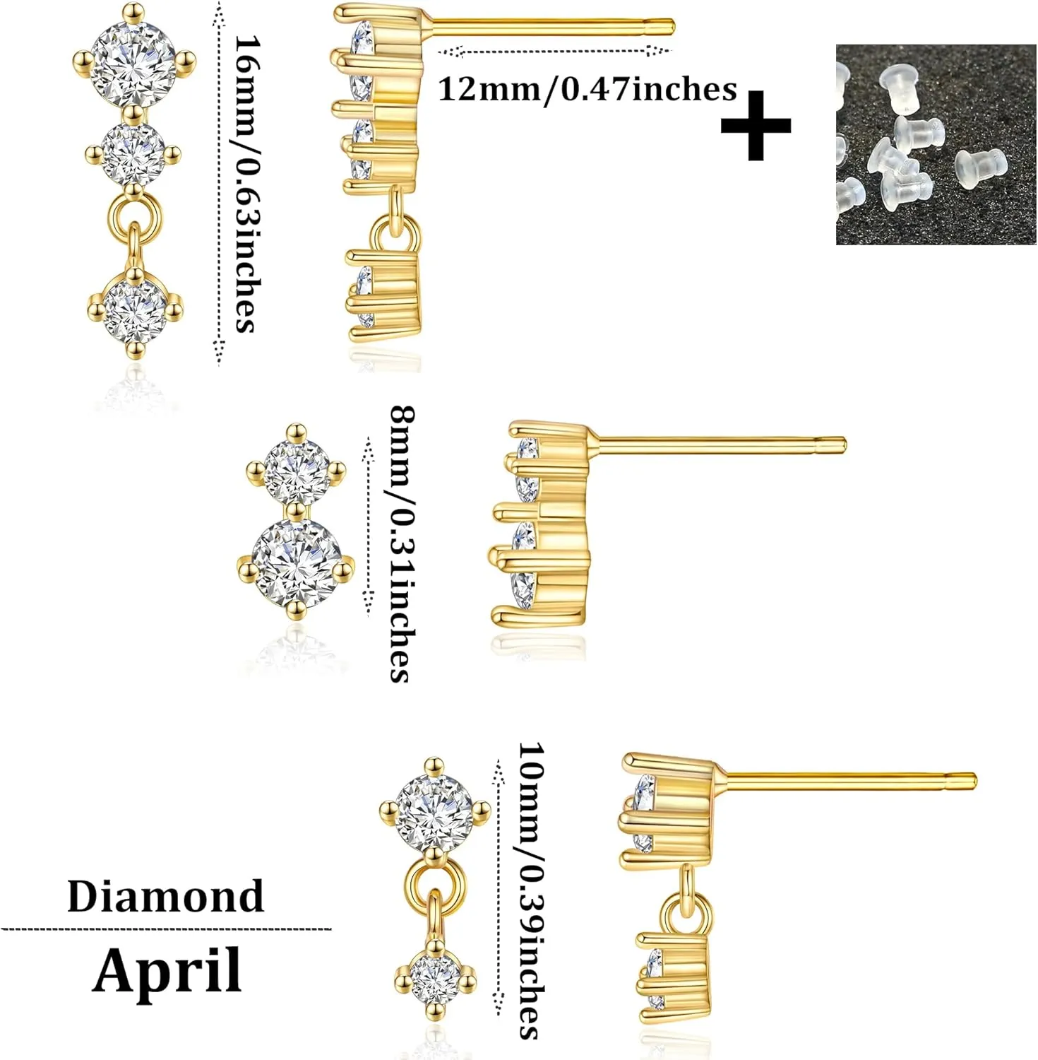 WAINIS 3 Pairs Birthstone Stud Earrings Set for Women 14k Gold Plated Hypoallergenic Three Hole Cartilage Earring Set For Multiple Piercing Earrings Non Tarnish Birthstone Dangle Earrings Birthday Jewelry
