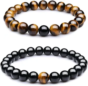 Wanmei 8mm Black Matte Agate & Tiger Eye Healing Energy Stone Beads Distance Bracelets For Couples(2 pcs)