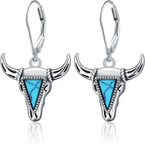 Western Cow Set 925 Sterling Silver Turquoise Cow Skull Earrings/Choker Necklace Cowgirl Boot Dangle Earrings Cowgirl Cowboy Jewelry Set Bohemian Jewelry Gift for Women Men