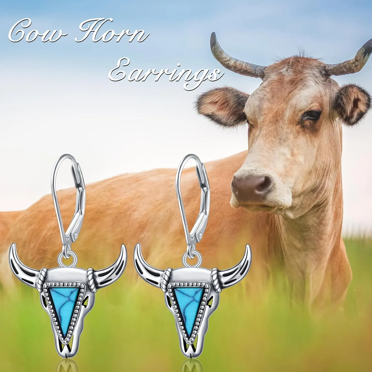 Western Cow Set 925 Sterling Silver Turquoise Cow Skull Earrings/Choker Necklace Cowgirl Boot Dangle Earrings Cowgirl Cowboy Jewelry Set Bohemian Jewelry Gift for Women Men